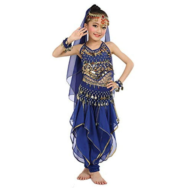 Cielary Kids Girls Belly Dance Halter Top Pants Costume Set Halloween Outfit with Head Veil Waist Chain and Bracelets